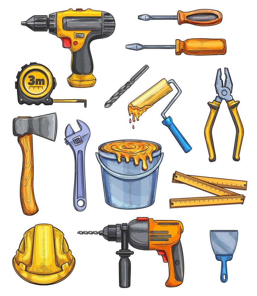 Vector work tools home repair color sketch icons