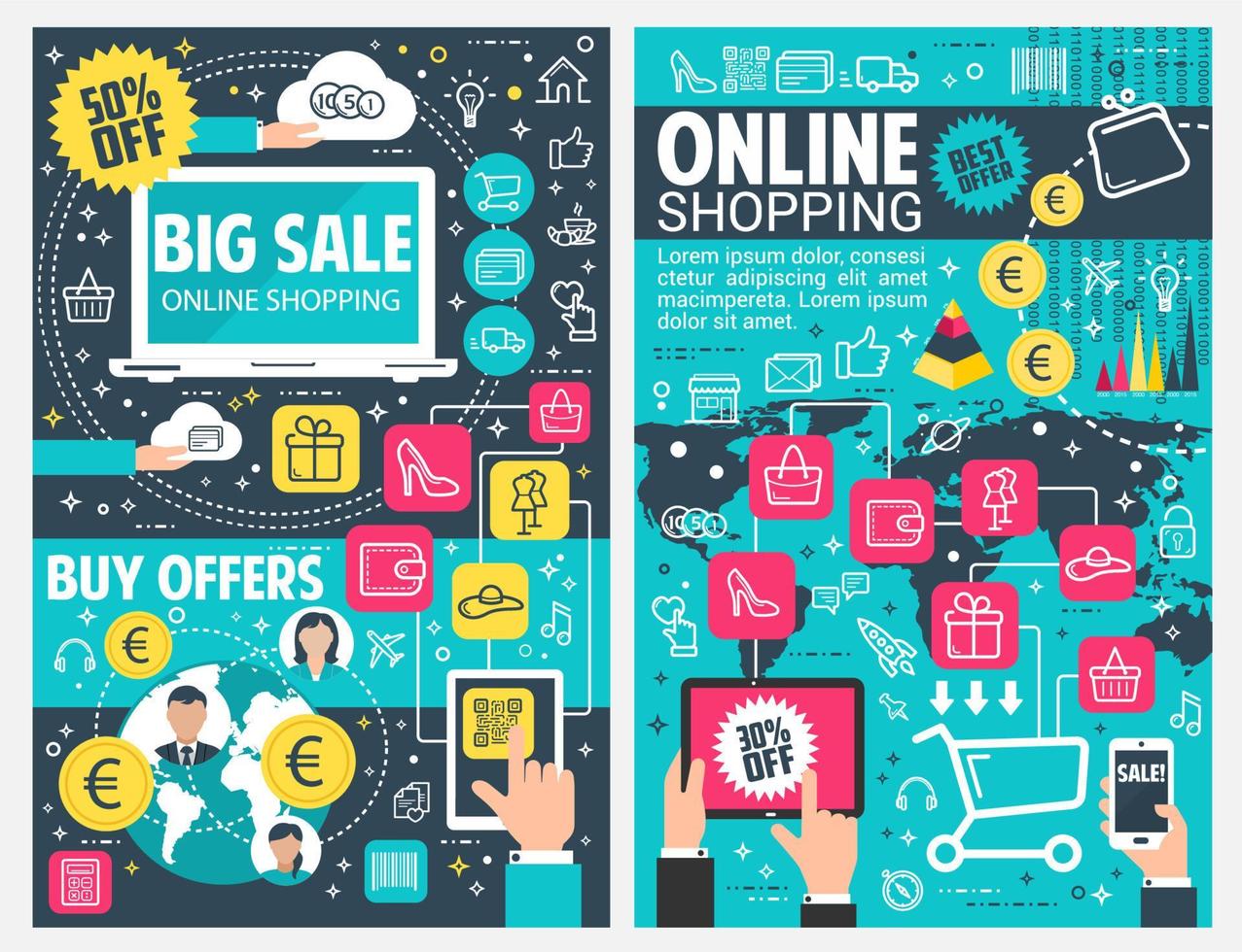 Online shopping banner of web business technology vector