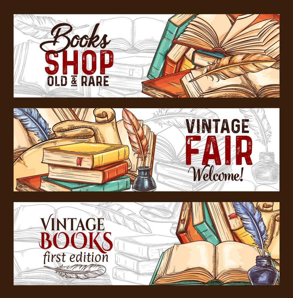 bosquejo del vector banners vintage libros tienda feria