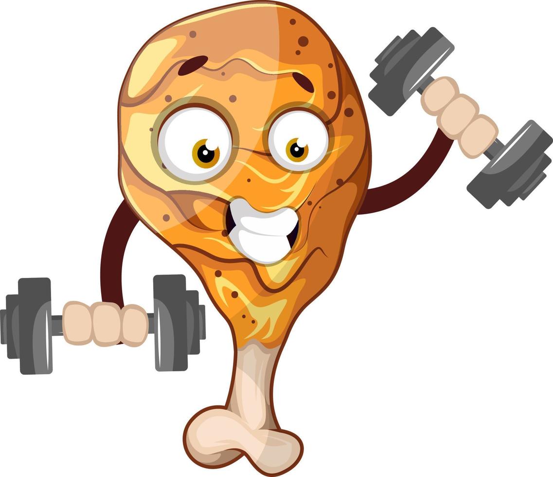 Strong chicken drumstick weightlifting, illustration, vector on white background.