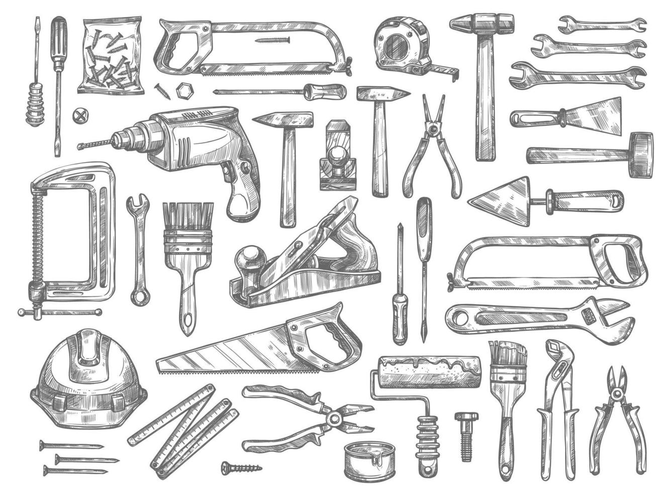 Vector work tools sketch icons for house repair