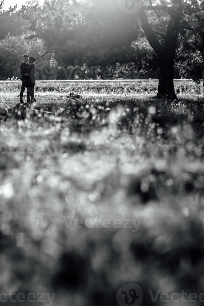 foto en blanco y negro. joven pareja enamorada caminando en el parque de verano tomados de la mano. mujer y hombre tienen una cita al aire libre. relación romántica. día de San Valentín. enfoque selectivo