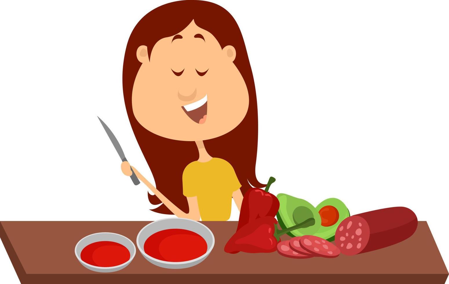 Girl cooking, illustration, vector on white background.