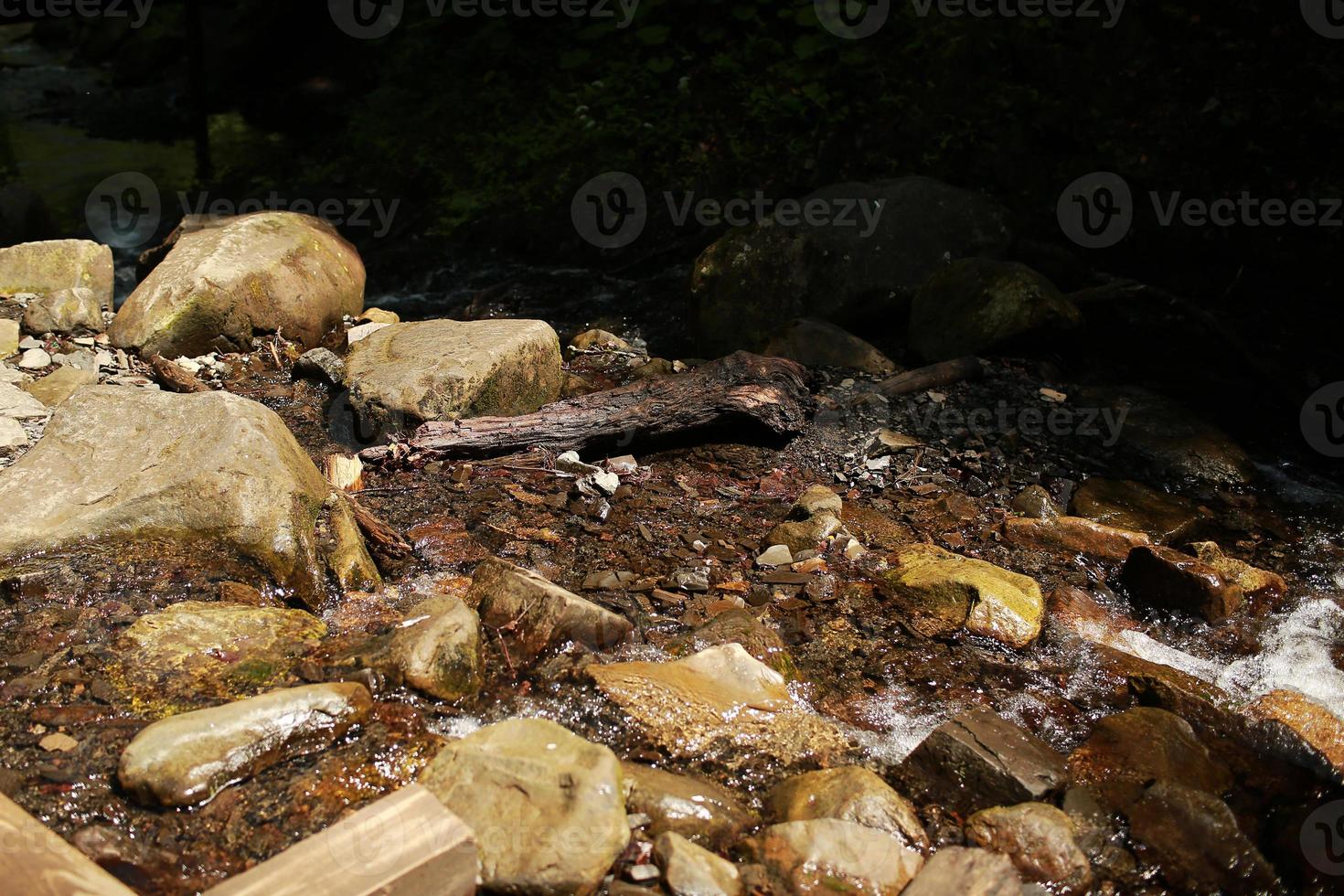 flowing mountain stream with transparent water and stones on bottom photo