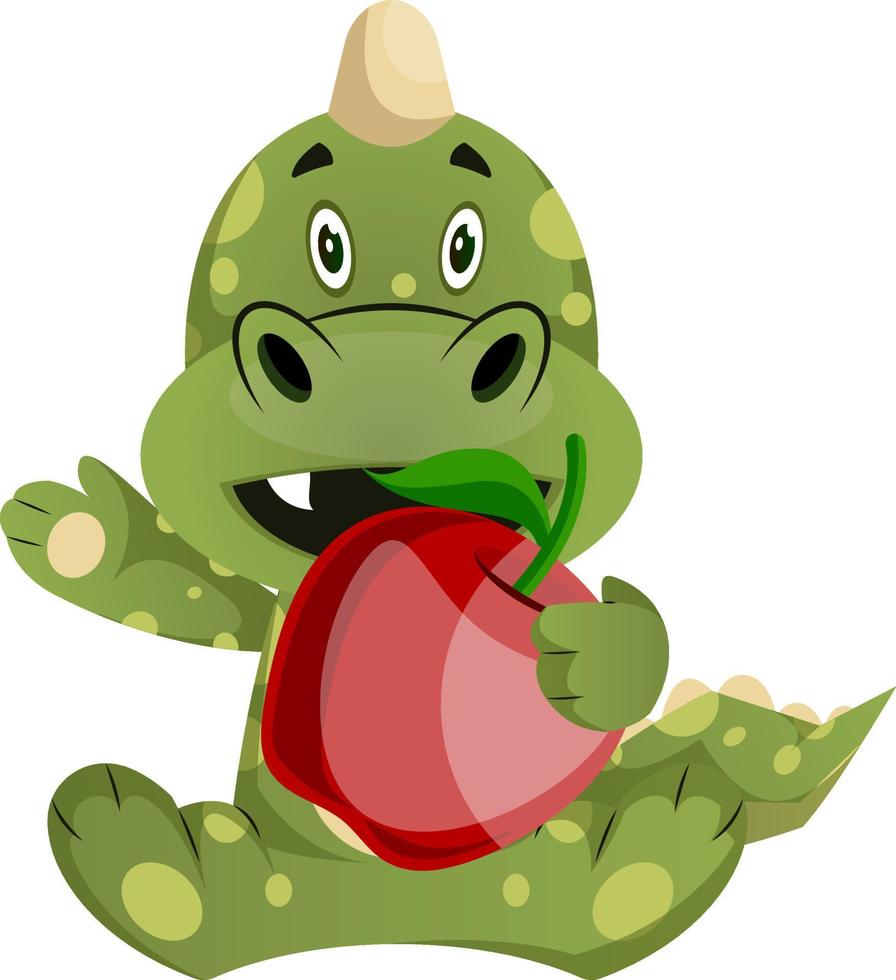 Green dragon is holding an apple, illustration, vector on white background.