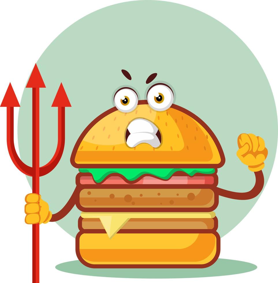 Burger is holding a trident, illustration, vector on white background.