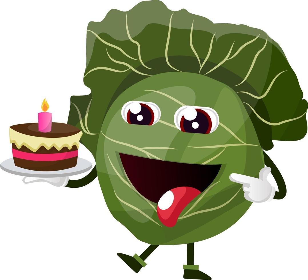 Cabbage is holding a birthday cake, illustration, vector on white background.