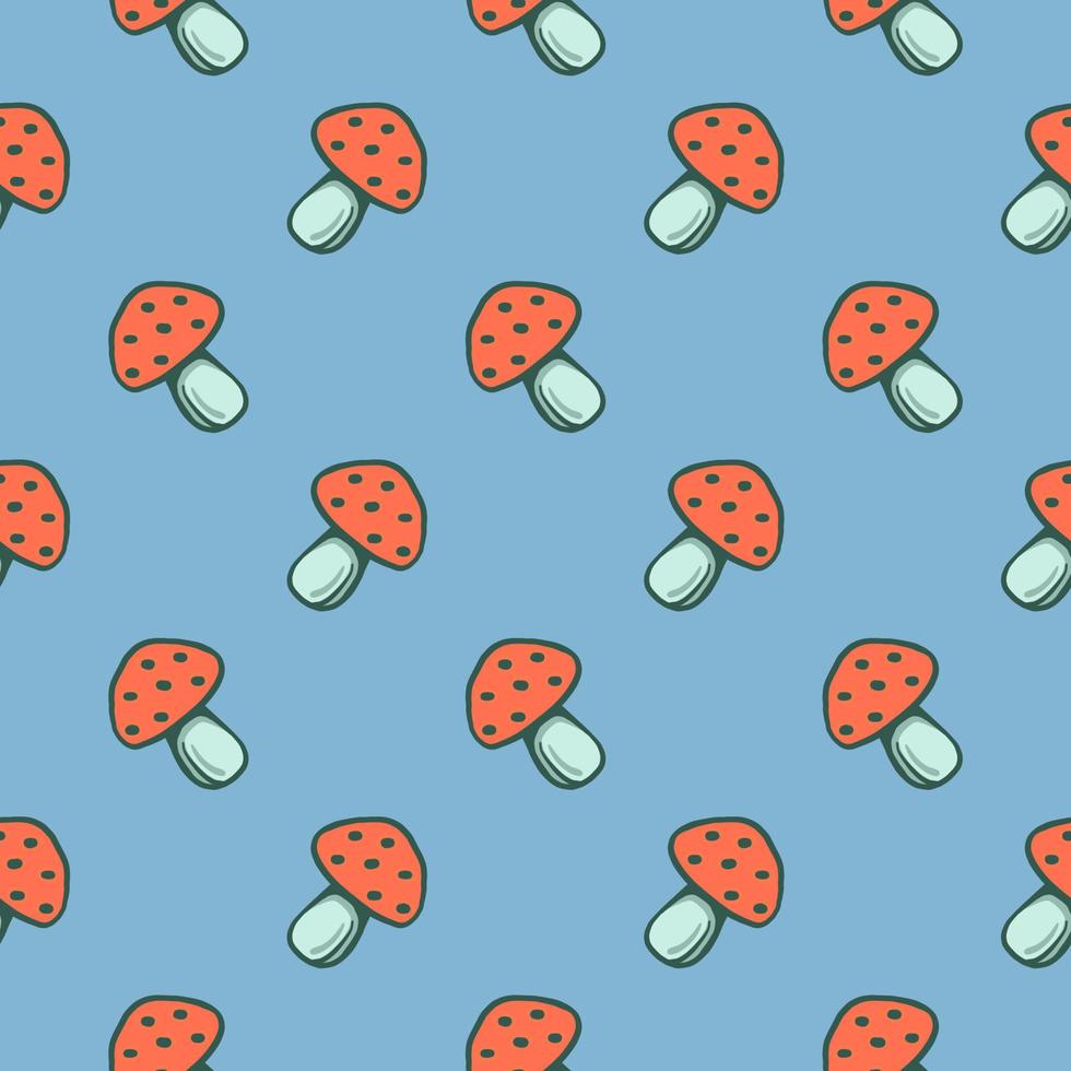 Red mushroom , seamless pattern on a Blue background. vector