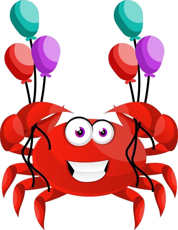 Crab with balloons, illustration, vector on white background.