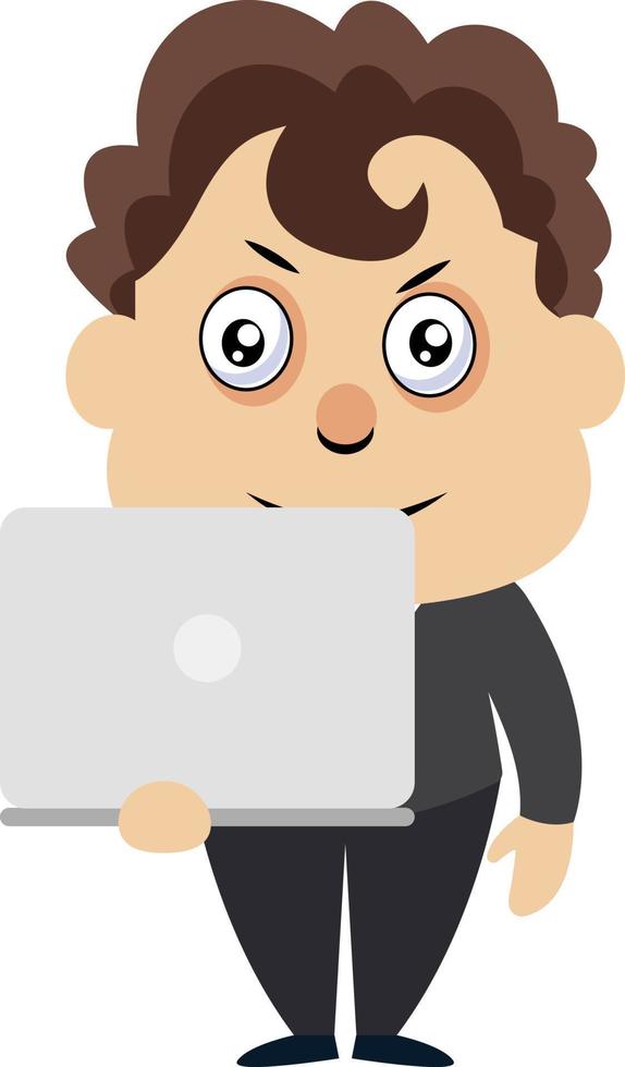 Man holding laptop, illustration, vector on white background.
