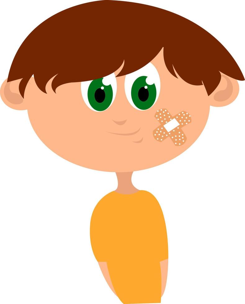 Boy with medical plaster, illustration, vector on white background.