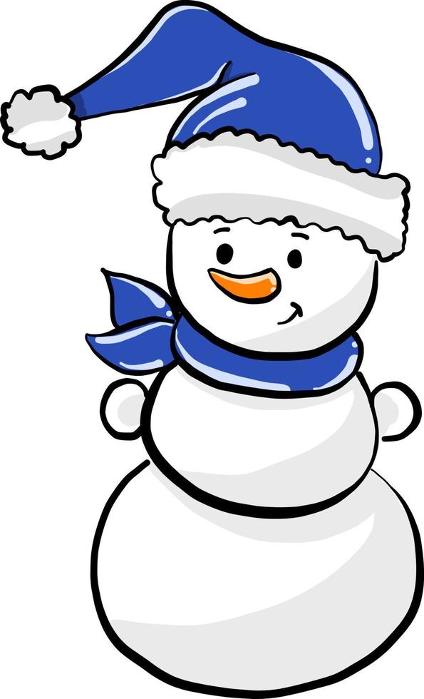 Snowman with blue scarf, illustration, vector on white background