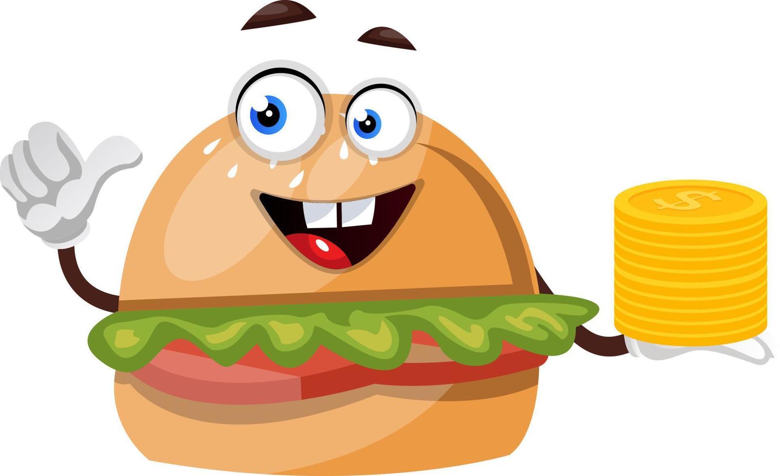 Burger with coins, illustration, vector on white background.
