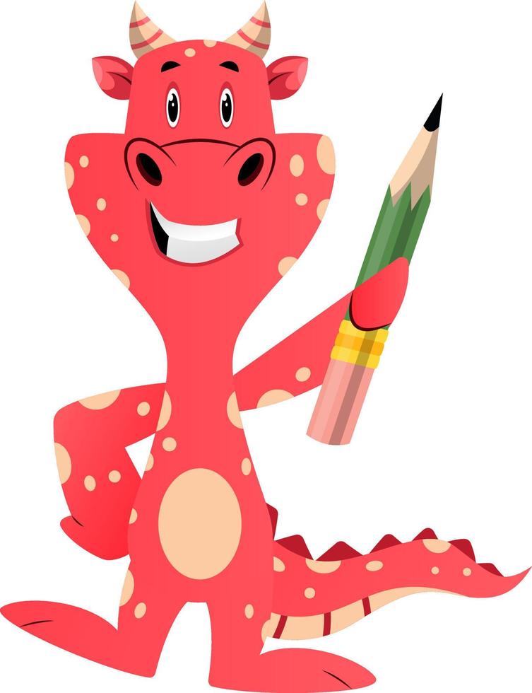 Red dragon is holding pencil, illustration, vector on white background.