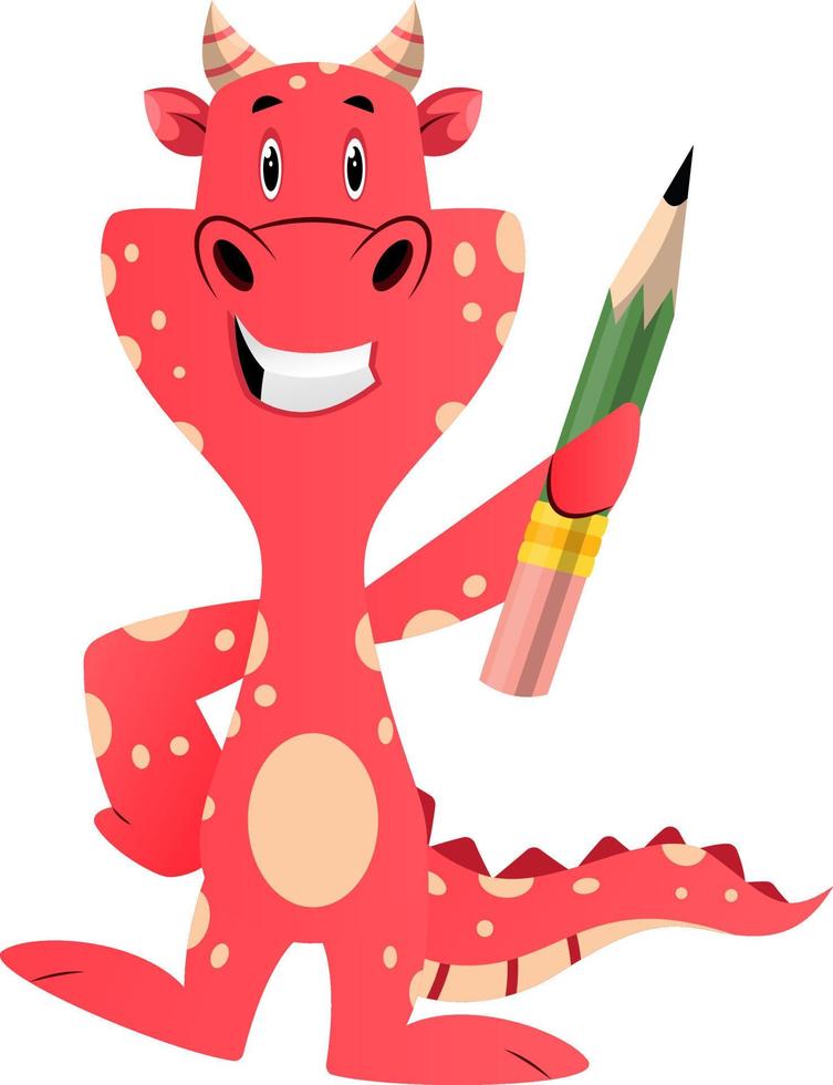 Dragón rojo está sosteniendo un lápiz, ilustración, vector sobre fondo blanco.