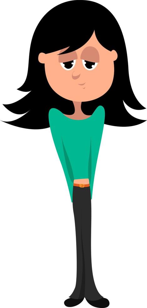 Chica tímida con pelo negro, ilustración, vector sobre fondo blanco.