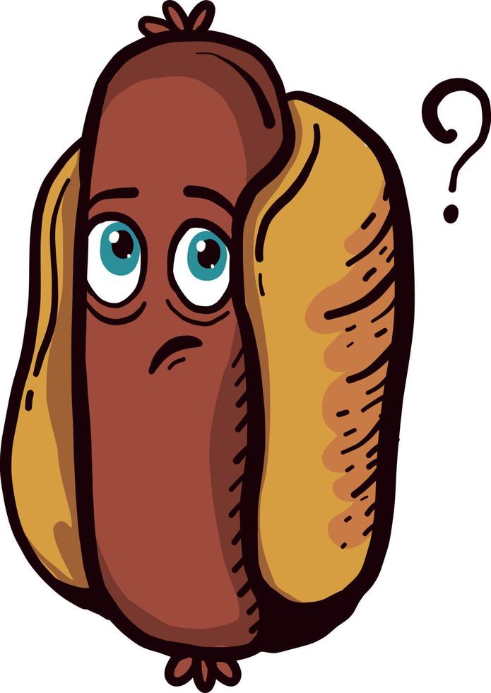 Hot dog thinking, illustration, vector on white background