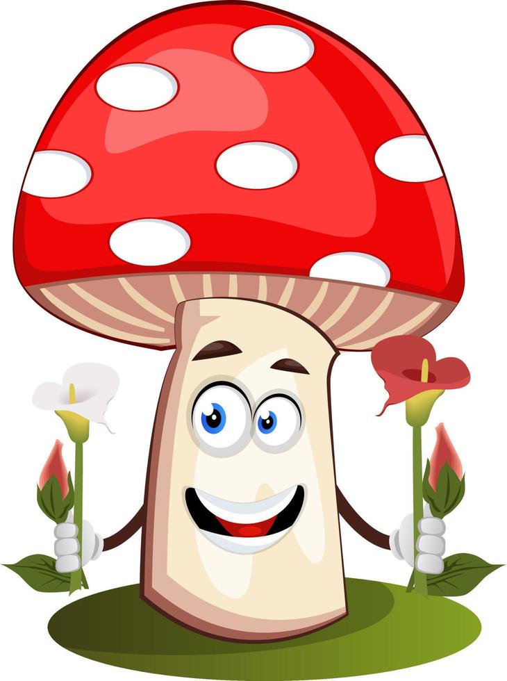 Mushroom holding flowers, illustration, vector on white background.