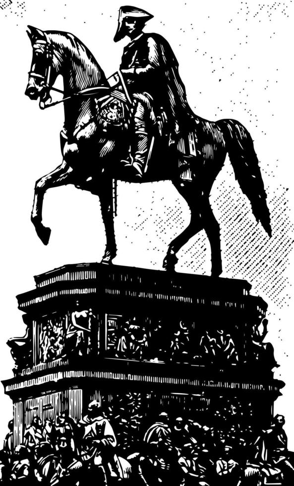 Frederick the Great riding a horse in this picture, vintage engraving. vector