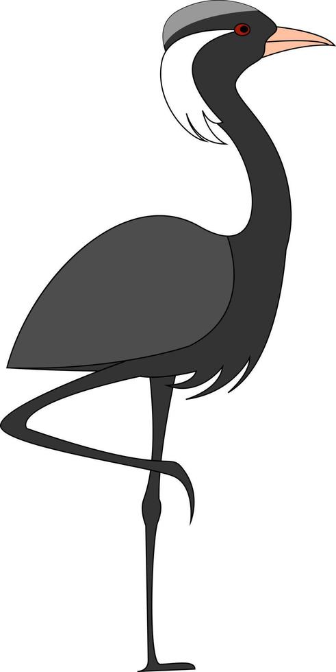 Gray crane standing on one leg, illustration, vector on white background.