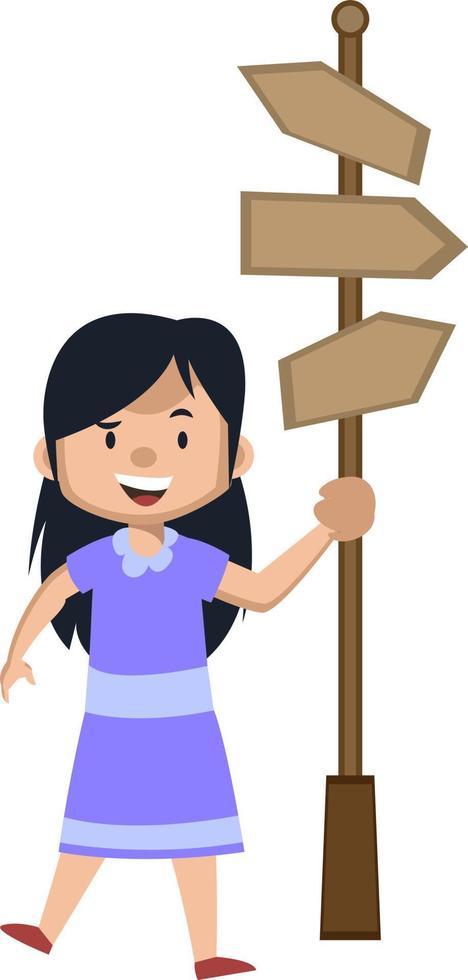 Girl with road sign, illustration, vector on white background.