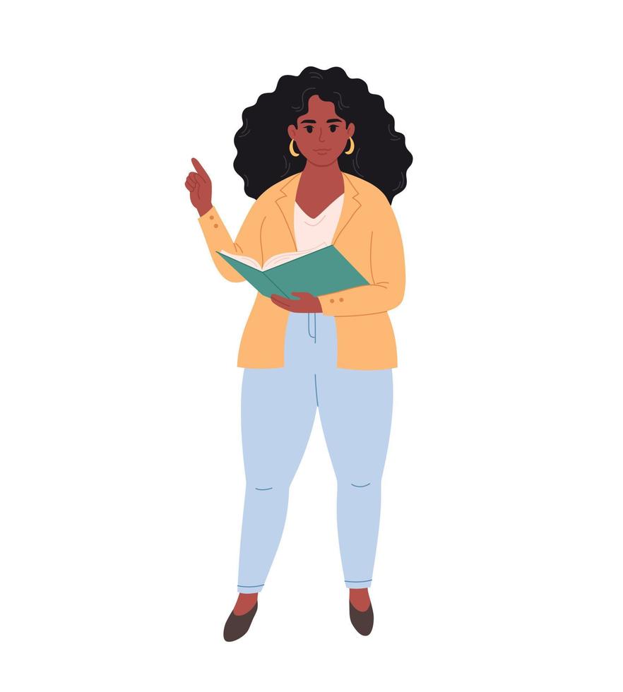 joven negra vestida de oficina con carpeta de archivos o libro. mujer de negocios. profesor, empresario, oficinista. aspecto de moda con estilo. vector