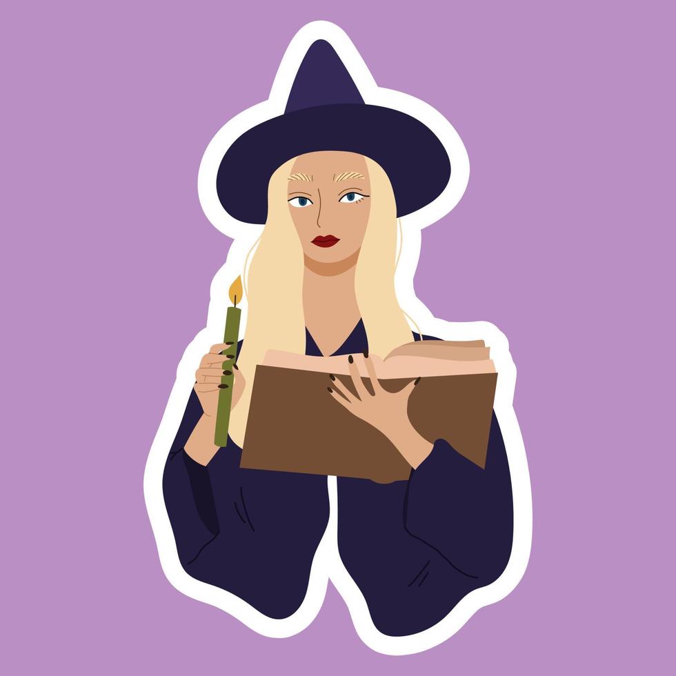 Young Witch Casts a Spell and Holding Grenn Candle.Esoteric and Mystical Character sticker vector