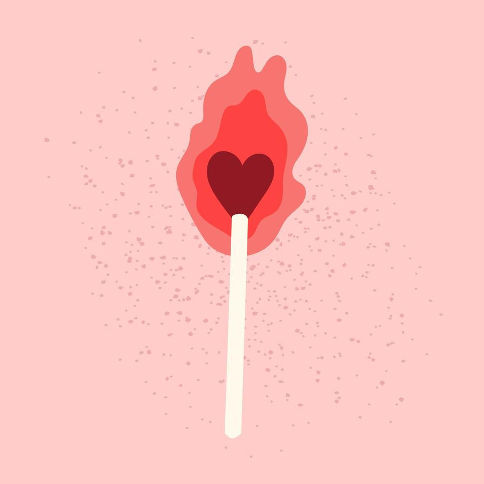 Hand drawn burning match with heart shape head. Isolated vector flame on pink