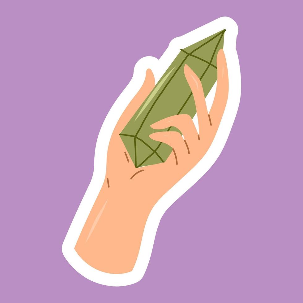 Hand Holding Green Stone Cryslal Quartz sticker. Esoteric and Mystical Design Element vector