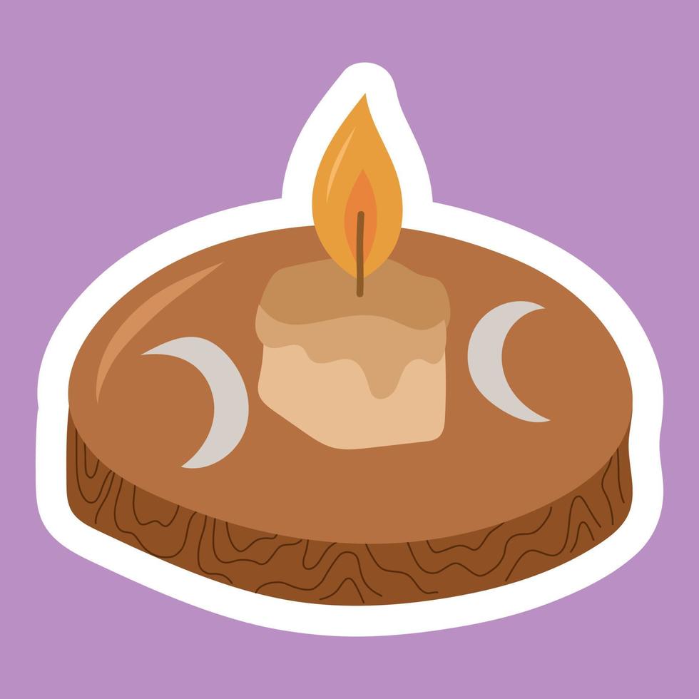 Burning out candle on wooden candlestick sticker. Esoteric and mystical design element. vector