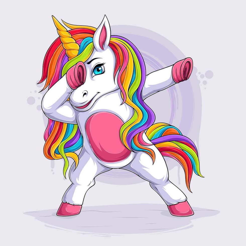 Hand drawn Cute Dabbing Unicorn, funny unicorn with blue eyes doing dabbing dance, Dabbing gesture vector