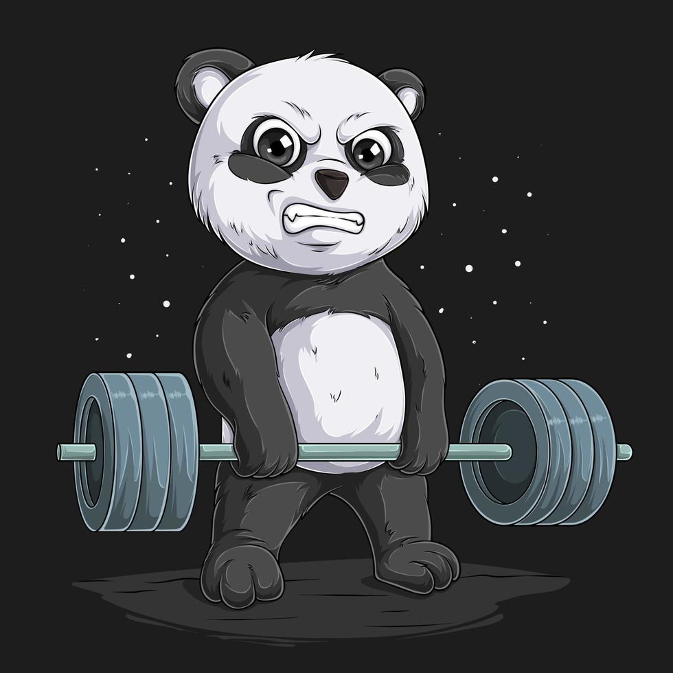 Hand drawn weightlifting panda, struggling panda practicing deadlift with a big weight barbell vector
