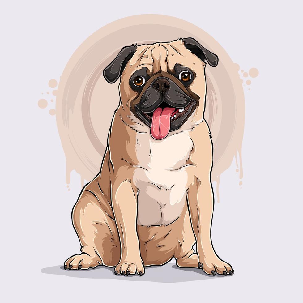 Pug de raza de perro beige lindo dibujado a mano sentado y jadeando, en toda su longitud aislado sobre fondo blanco vector