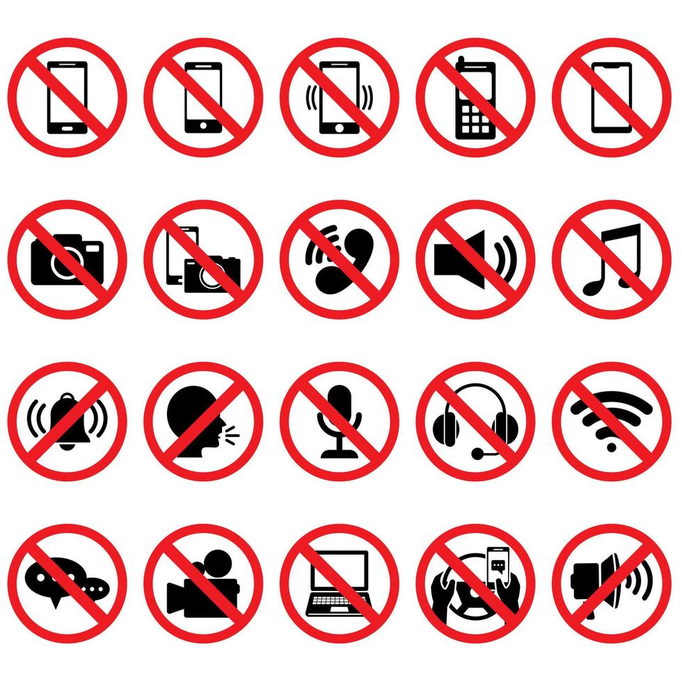 conjunto de señales prohibidas de no detenerse. conjunto de signos de símbolo de prohibición de foto, video y teléfono, etc. aislado en fondo blanco vector