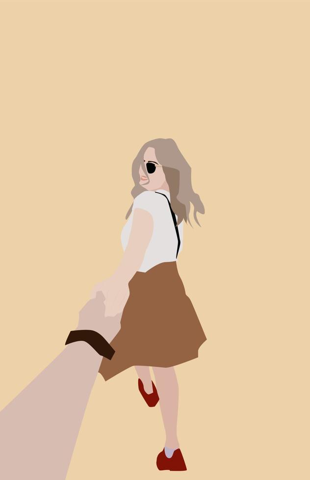 Chica sujetando la mano, ilustración, vector sobre fondo blanco.