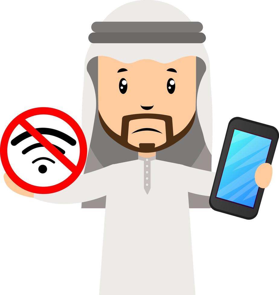 Arab men with no wifi signal, illustration, vector on white background.