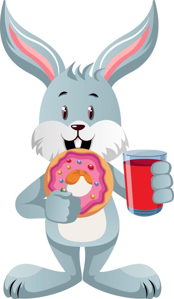 Bunny with soda and donut, illustration, vector on white background.