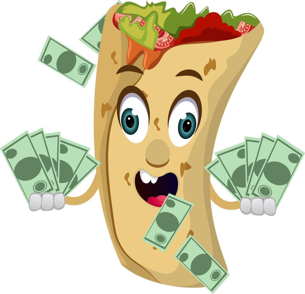 burrito con dinero, ilustración, vector sobre fondo blanco.