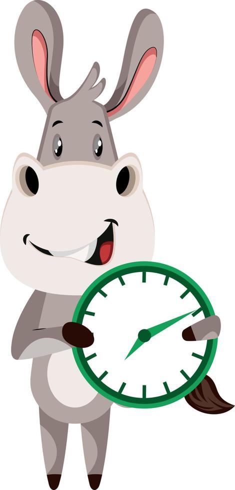 burro con reloj, ilustración, vector sobre fondo blanco.