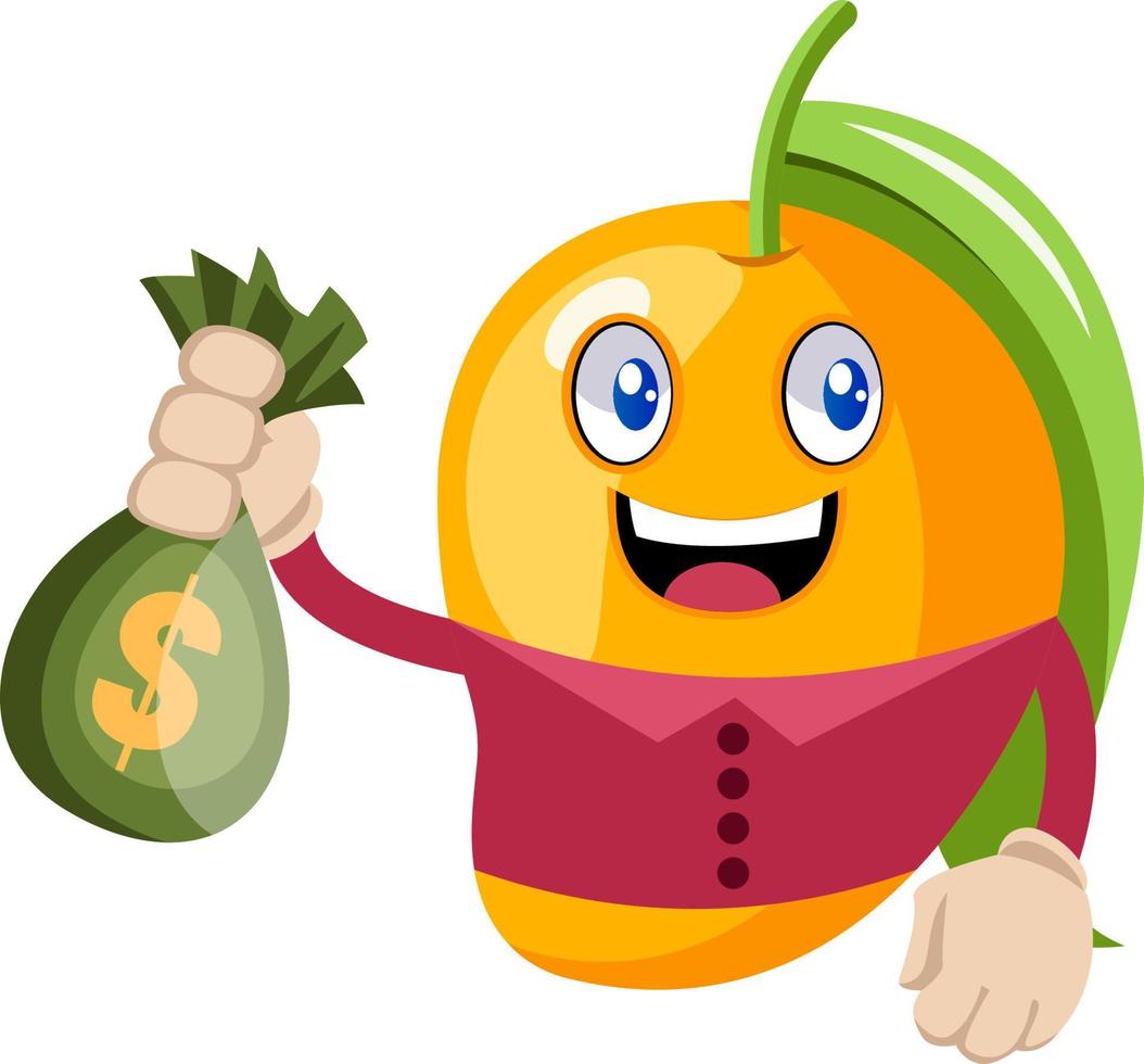 Mango with bag of money, illustration, vector on white background.