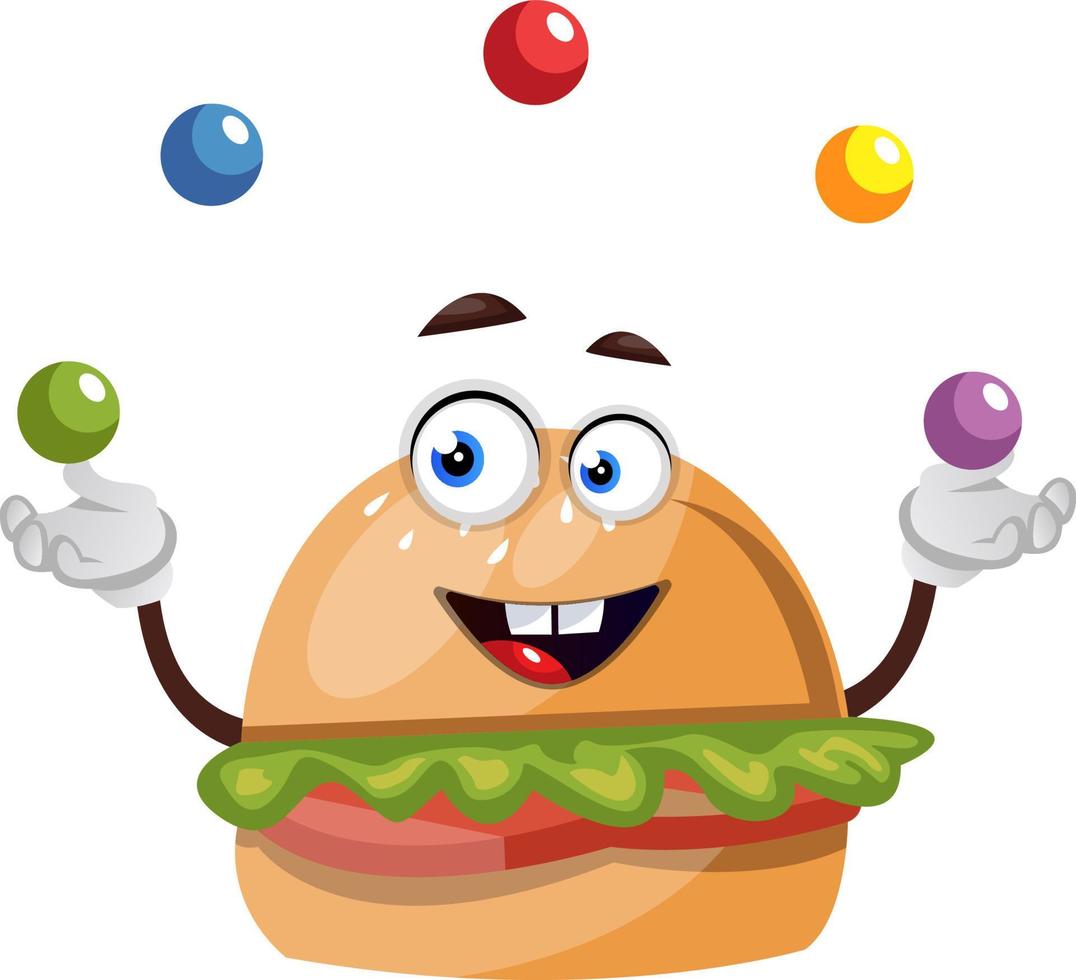 Burger juggling, illustration, vector on white background.