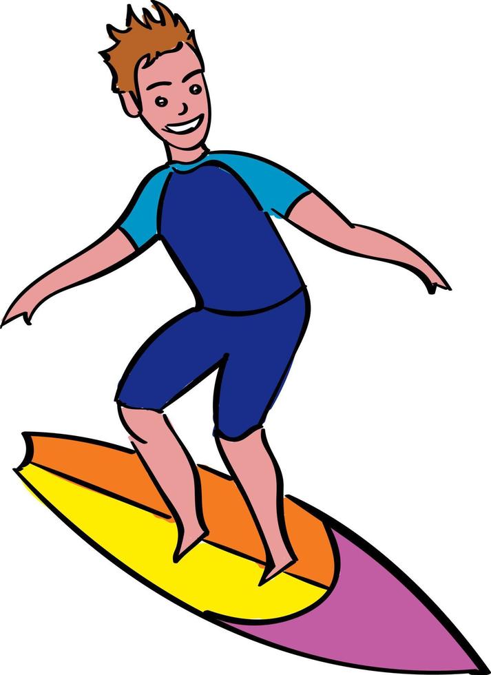 Boy surfing, illustration, vector on white background.