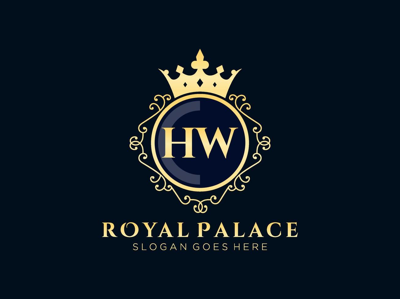 letra hw logotipo victoriano de lujo real antiguo con marco ornamental. vector