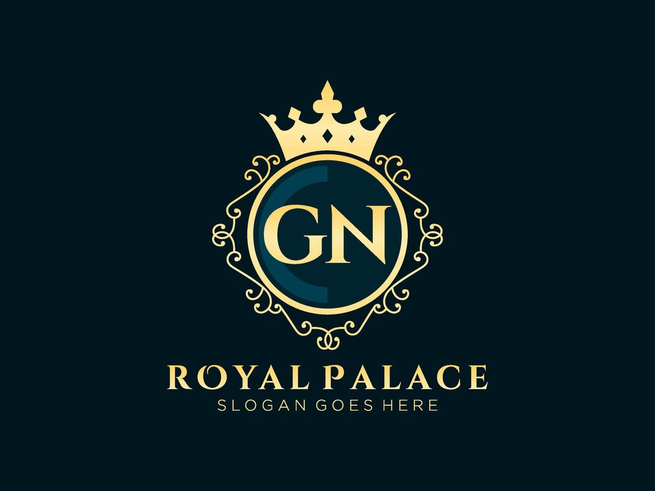 letra gn logotipo victoriano de lujo real antiguo con marco ornamental. vector