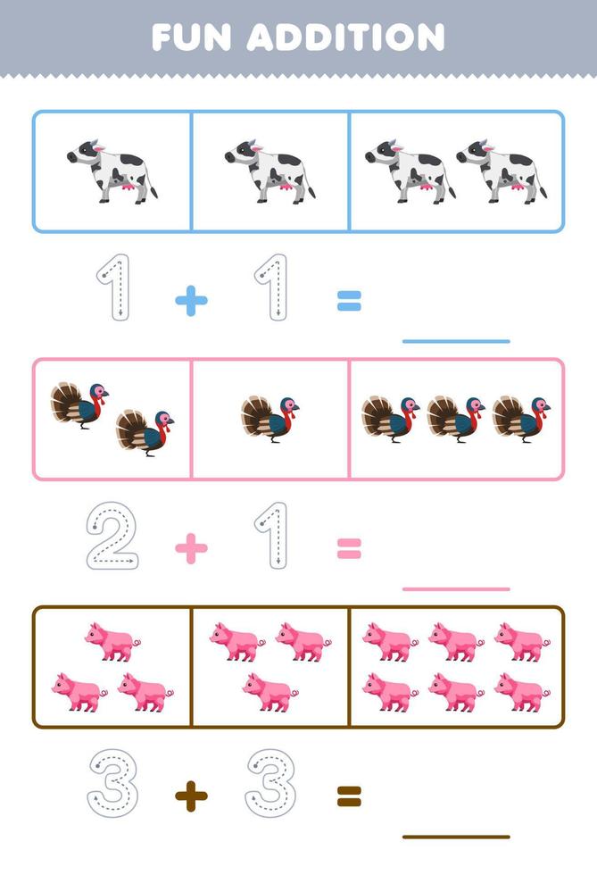 Education game for children fun addition by counting and tracing the number of cute cartoon cow turkey pig printable farm worksheet vector