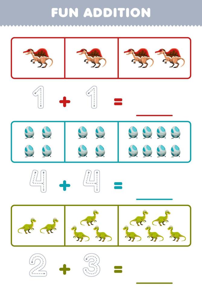 juego educativo para niños divertido además contando y rastreando el número de lindos dinosaurios de dibujos animados y hojas de trabajo de dinosaurios prehistóricos imprimibles de huevos vector