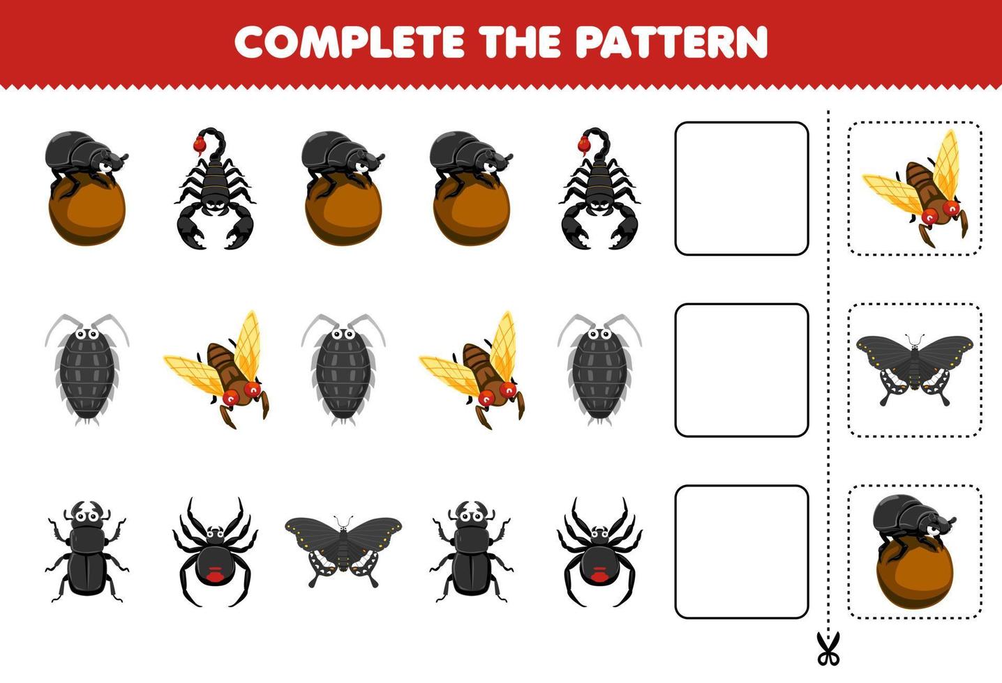 juego educativo para niños completar el patrón de dibujos animados lindo escarabajo escorpión piojo cigarra araña mariposa hoja de trabajo de error imprimible vector