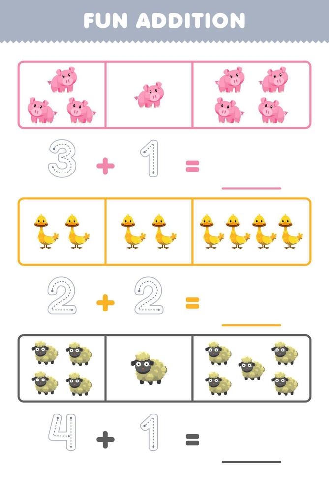 Education game for children fun addition by counting and tracing the number of cute cartoon pig duck sheep printable animal worksheet vector