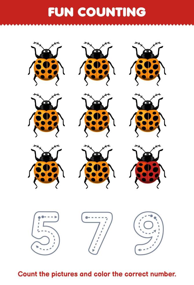 Education game for children count the pictures and color the correct number from cute cartoon ladybug printable bug worksheet vector