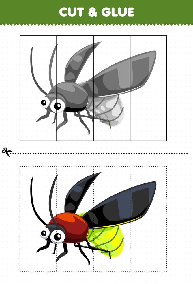 Education game for children cut and glue with cute cartoon firefly printable bug worksheet vector